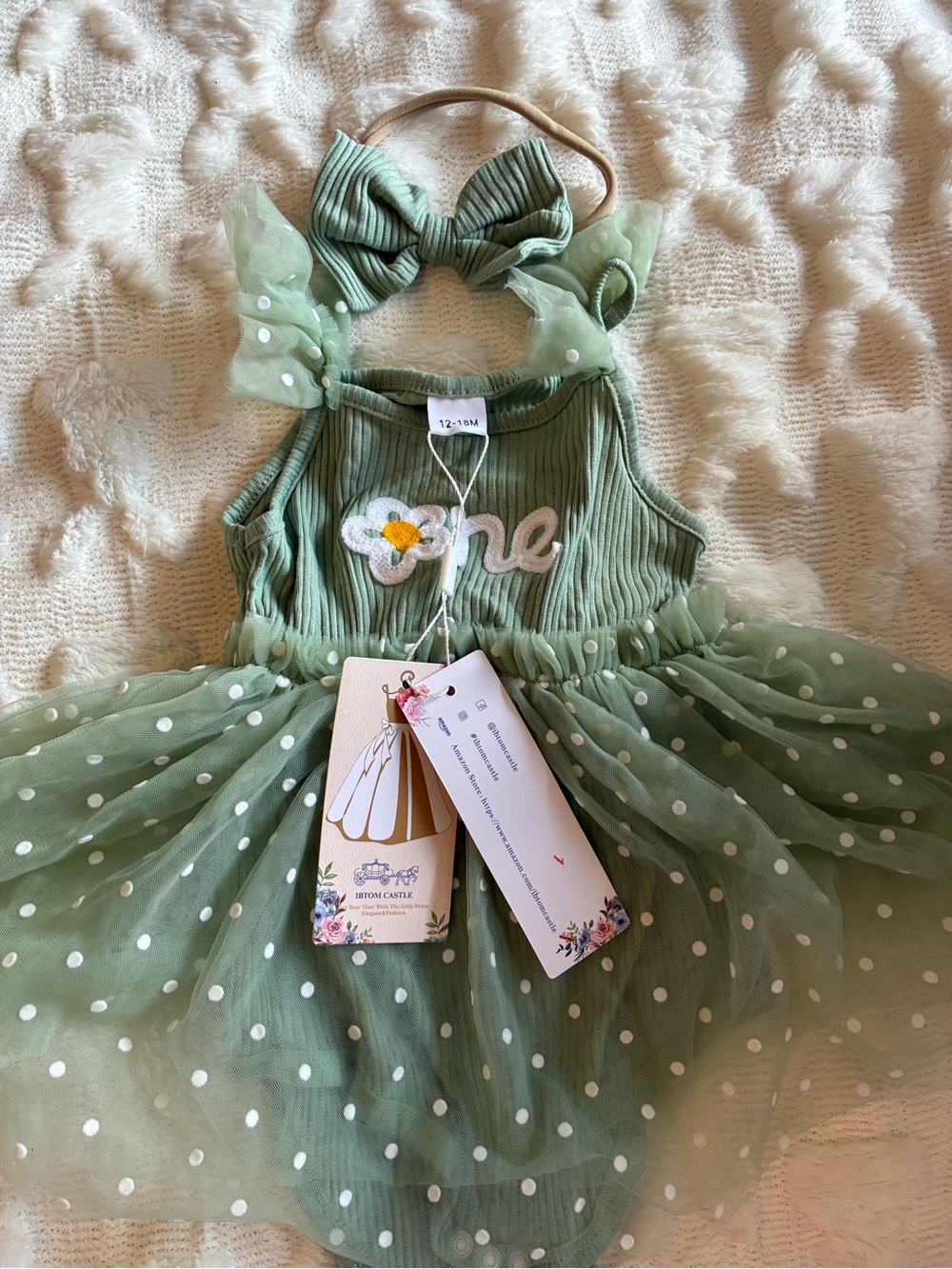 Green Polka Dot Tulle Kids Costume Dress with Bow Headband